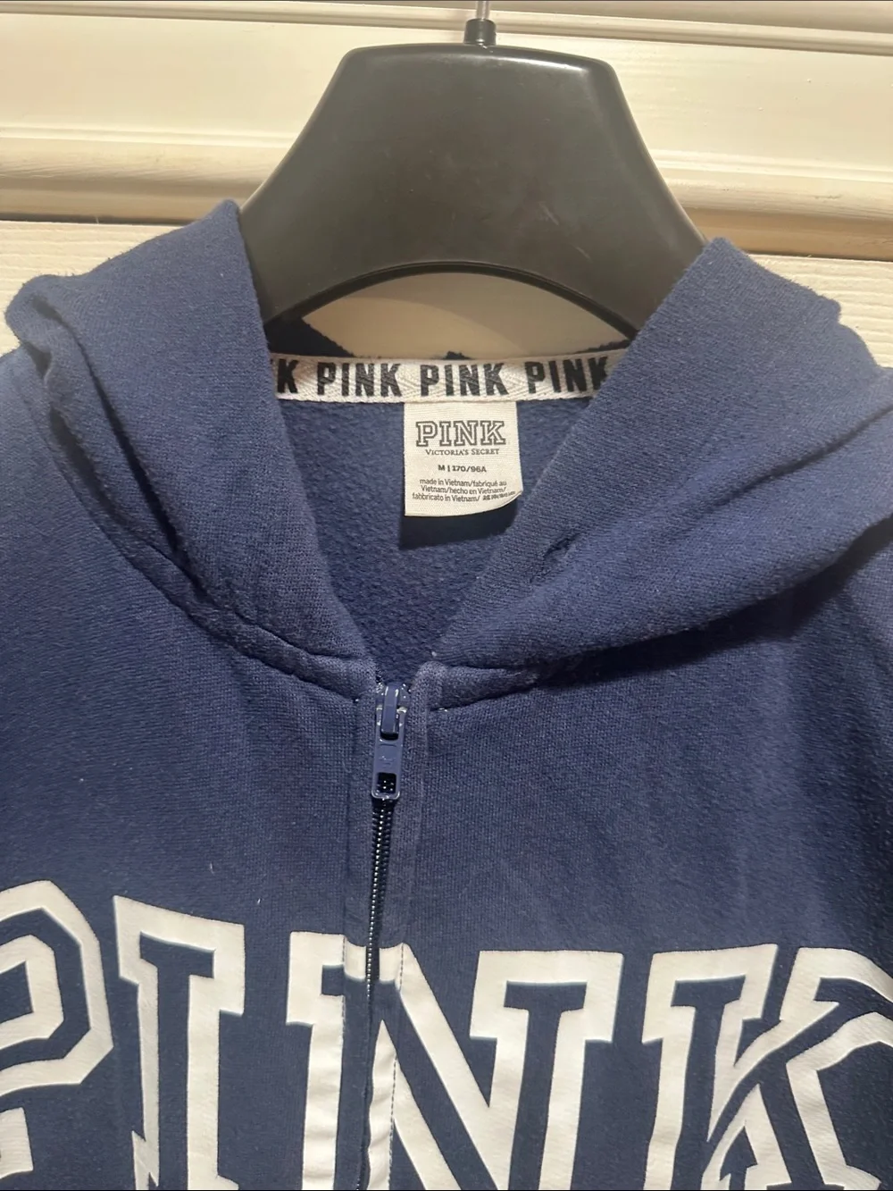 PINK Victoria's Secret Navy Full-Zip Hoodie with White Logo